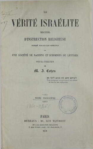 La verité Israélite Index V03 (/1861/1860)